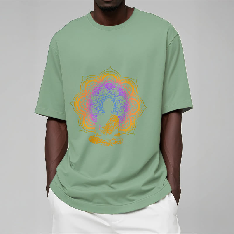 Buddha Stones Multicolor Mandala Flower Seated Buddha Pattern Tee T-shirt - image 9