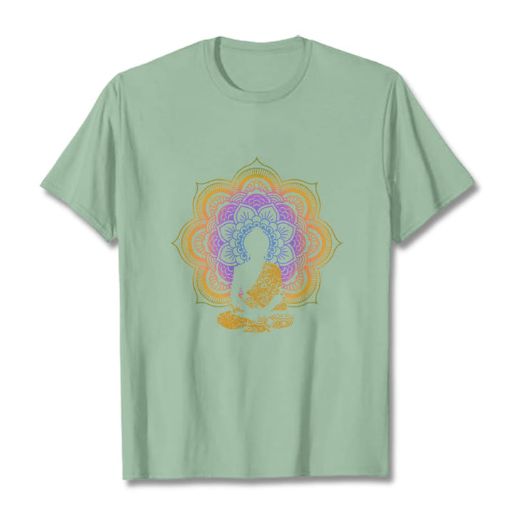 Buddha Stones Multicolor Mandala Flower Seated Buddha Pattern Tee T-shirt - PaleGreen - 2XL - image 8