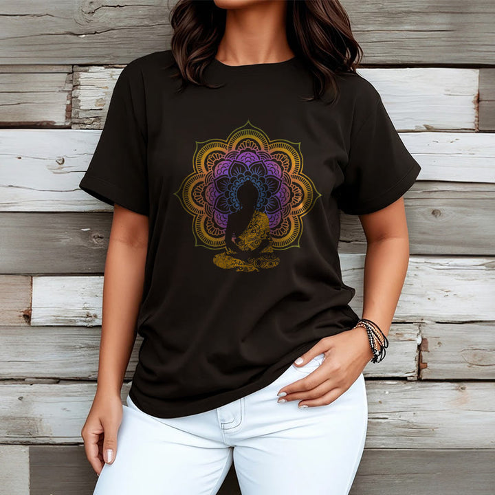 Buddha Stones Multicolor Mandala Flower Seated Buddha Pattern Tee T-shirt - image 3