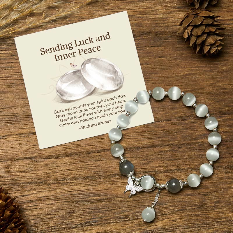 Buddha Stones "Sending Luck and Inner Peace" Cat's Eye Butterfly Bracelet Includes Gift Message Card - Cat's Eye&Moonstone Butterfly - Standard Gift Box - image 0