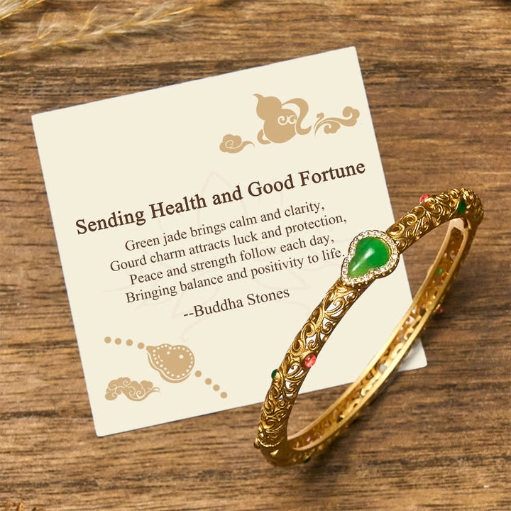 Buddha Stones "Sending Health and Good Fortune" Cyan Jade Copper Bangle Includes Gift Message Card - 56mm - Standard Gift Box - image 0