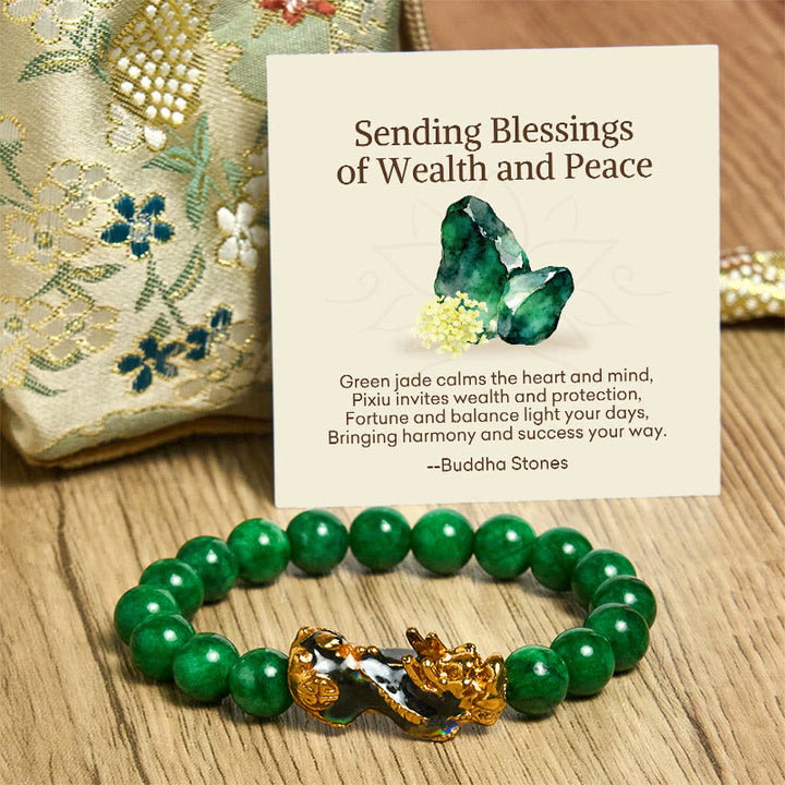 Buddha Stones "Sending Blessings of Wealth and Peace" PiXiu Jade Bracelet Includes Gift Message Card - image 7