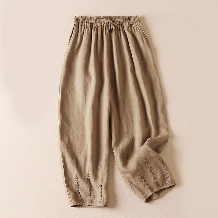 Buddha Stones Summer Small Flower Embroidery Harem Pants With Pockets - Wheat - US8-10，UK/AU12-14，EU40-42 (2XL) - image 0