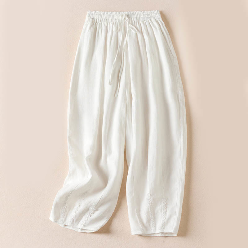 Buddha Stones Summer Small Flower Embroidery Harem Pants With Pockets - White - US8-10，UK/AU12-14，EU40-42 (2XL) - image 17