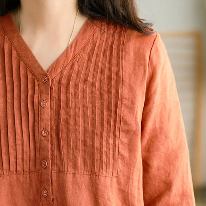 Buddha Stones Casual Plain Accordion Pleats V-neck Half Sleeve Design Midi Dress With Pockets - image 10