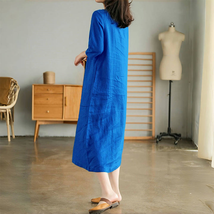 Buddha Stones Casual Plain Accordion Pleats V-neck Half Sleeve Design Midi Dress With Pockets - image 5