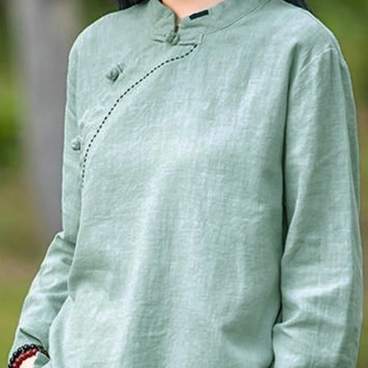 Buddha Stones Oblique Collar Knot button Loose Linen Clothing - image 7