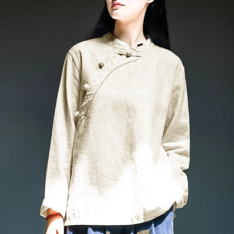 Buddha Stones Oblique Collar Knot button Loose Linen Clothing - White - US12，UK/AU16，EU44 (4XL) - image 11