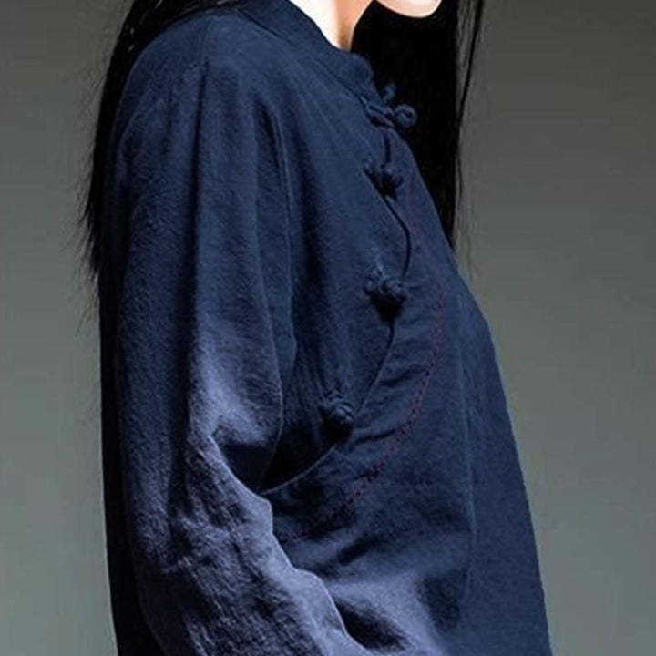 Buddha Stones Oblique Collar Knot button Loose Linen Clothing - image 15