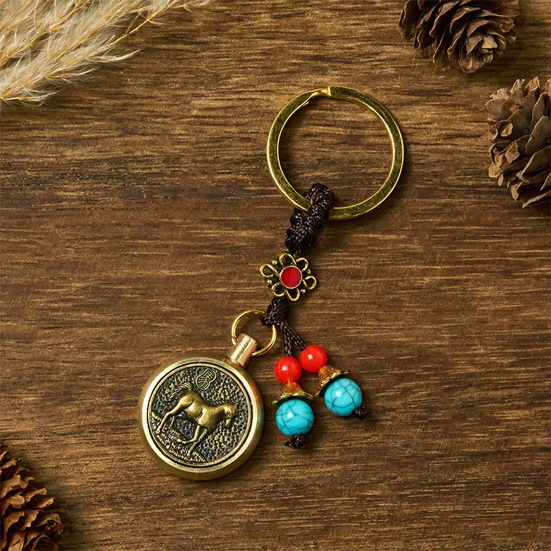 Buddha Stones Year of the Horse Bringing in Wealth and Treasure Brass Key Chain - Horse - image 0