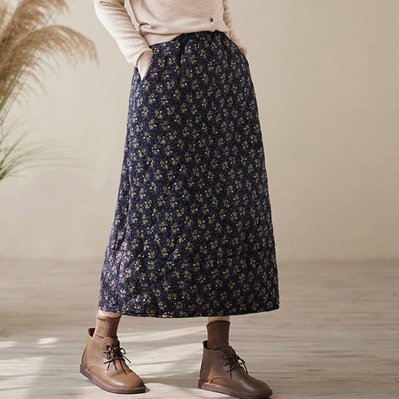 Buddha Stones Vintage Floral Pattern Elastic Waist Cotton Women's Midi Skirt With Pockets - image 2