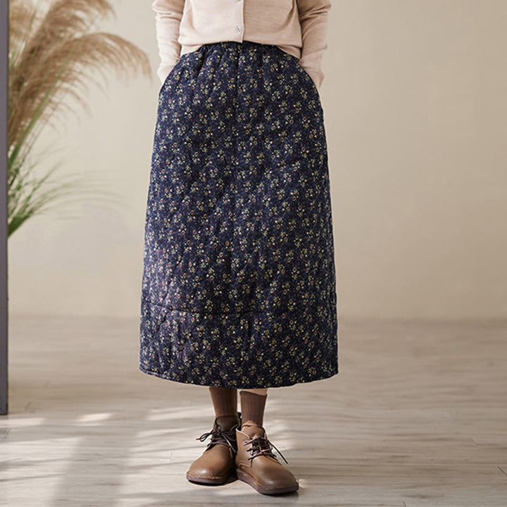 Buddha Stones Vintage Floral Pattern Elastic Waist Cotton Women's Midi Skirt With Pockets - image 5