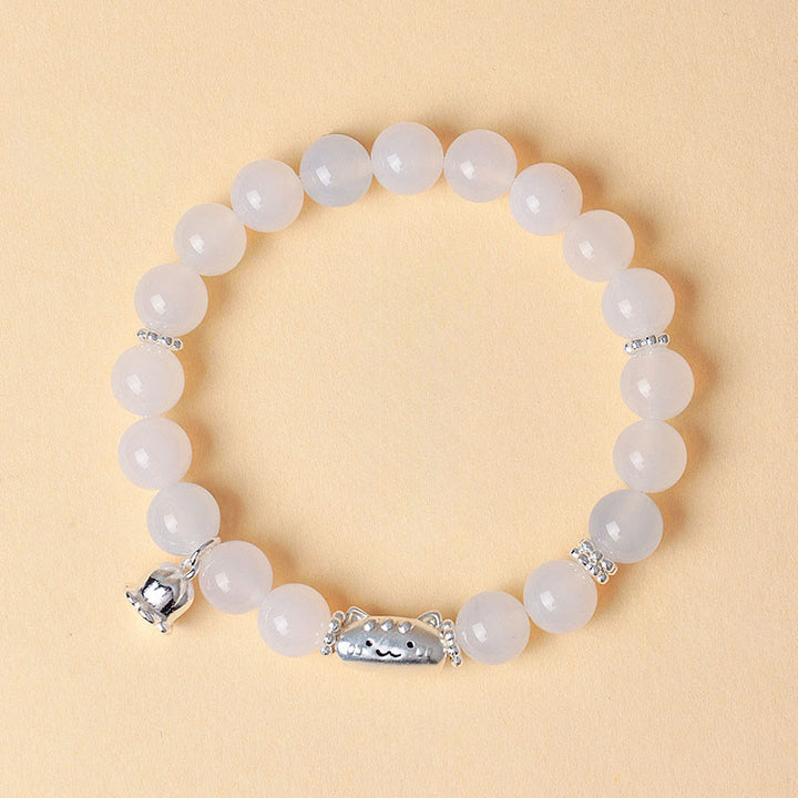 Buddha Stones 999 Sterling Silver Natural Cat Head White Cat's Eye White Agate Positive Bracelet - White Agate(Wrist Circumference:13-15cm) - image 9