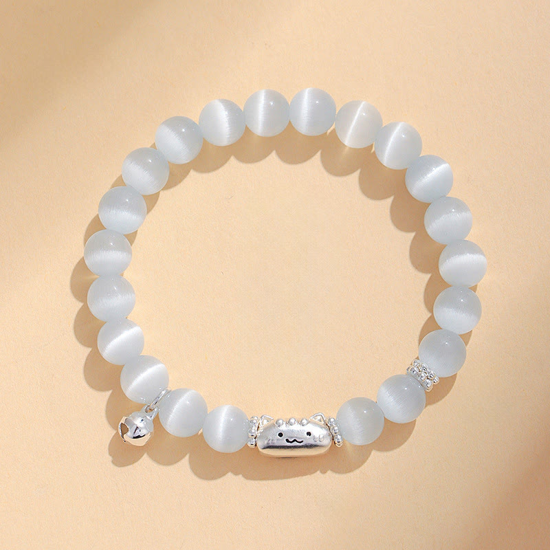 Buddha Stones 999 Sterling Silver Natural Cat Head White Cat's Eye White Agate Positive Bracelet - image 1