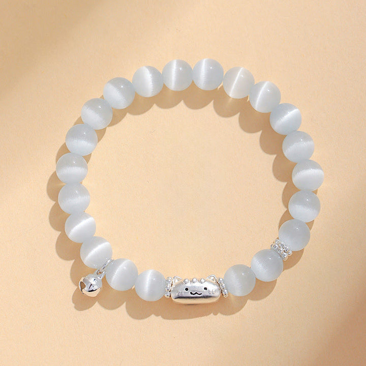 Buddha Stones 999 Sterling Silver Natural Cat Head White Cat's Eye White Agate Positive Bracelet - image 1