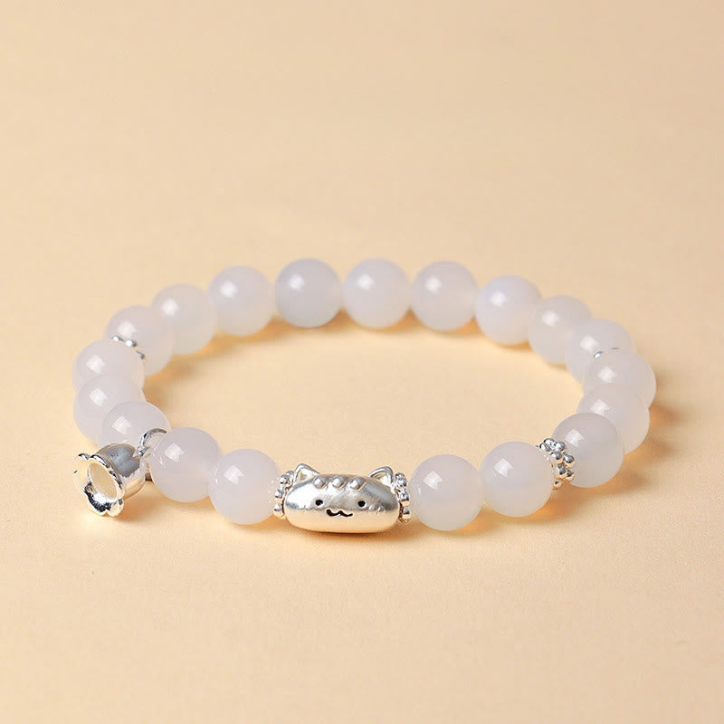 Buddha Stones 999 Sterling Silver Natural Cat Head White Cat's Eye White Agate Positive Bracelet - image 10