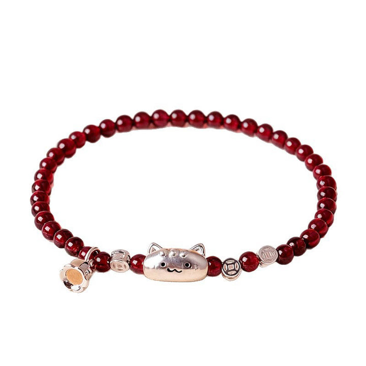 Buddha Stones 999 Sterling Silver Natural Cute Cat Head Garnet Protection Bead Bracelet - image 4