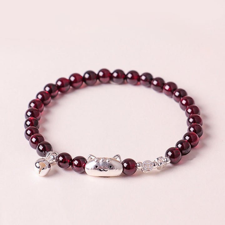 Buddha Stones 999 Sterling Silver Natural Cute Cat Head Garnet Protection Bead Bracelet - 6mm Garnet(Wrist Circumference:13-15cm) - image 13