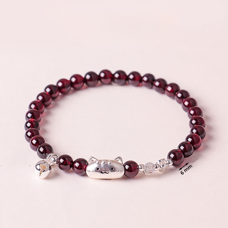 Buddha Stones 999 Sterling Silver Natural Cute Cat Head Garnet Protection Bead Bracelet - image 18