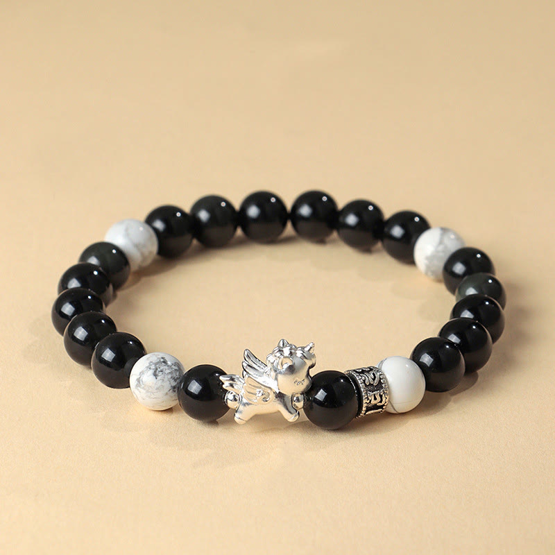 Buddha Stones 999 Sterling Silver Year Of The Horse Natural Black Obsidian Bodhi Seed Strength Bracelet - Black Obsidian(Wrist Circumference:13-15cm) - image 0