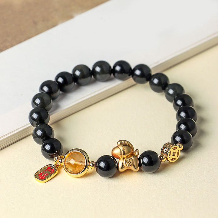 Buddha Stones Year Of The Horse Natural 8mm Black Obsidian Red Agate Pink Crystal Strength Bracelet - image 2