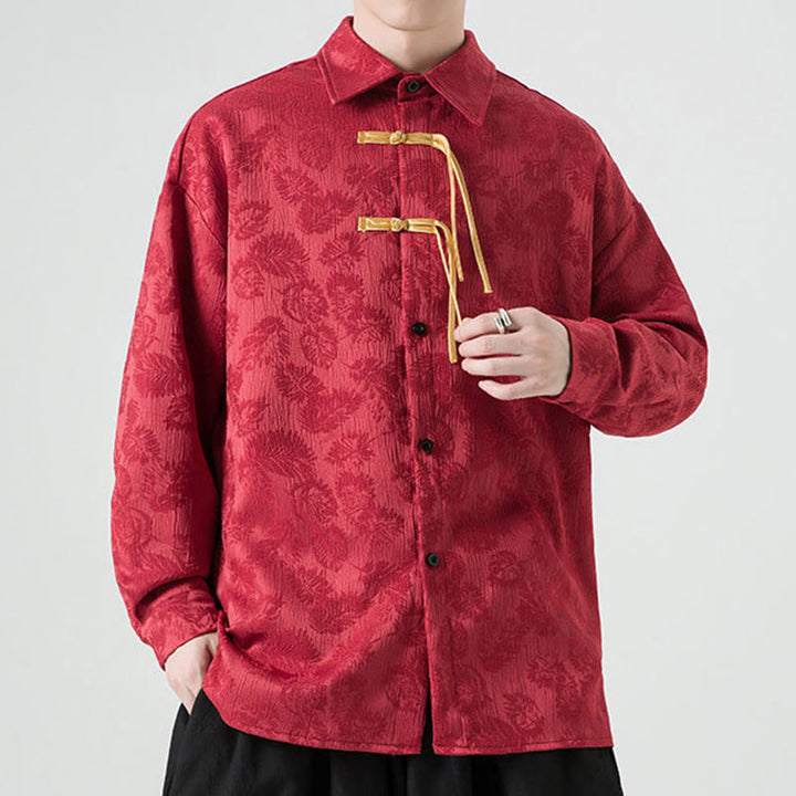 Buddha Stones Frog-Button Leaves Pattern Long Sleeve Men's Tang Suit Jacket - Crimson - US/UK/AU50，EU60 (5XL) - image 0