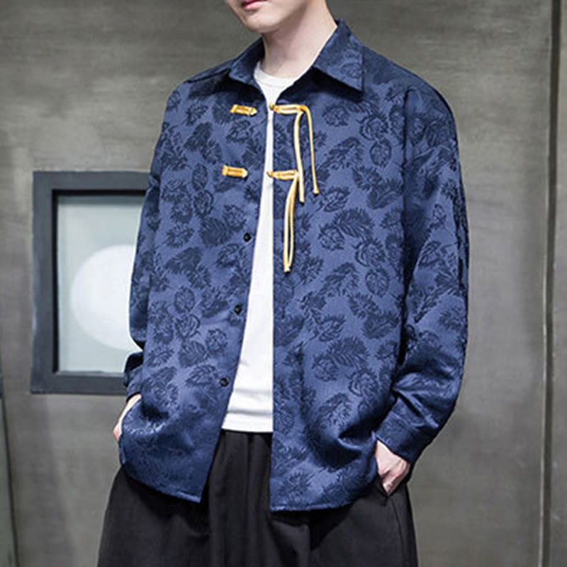 Buddha Stones Frog-Button Leaves Pattern Long Sleeve Men's Tang Suit Jacket - image 11