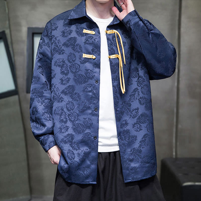 Buddha Stones Frog-Button Leaves Pattern Long Sleeve Men's Tang Suit Jacket - image 12