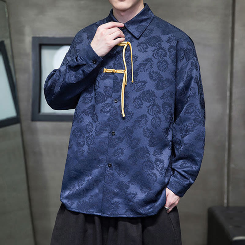 Buddha Stones Frog-Button Leaves Pattern Long Sleeve Men's Tang Suit Jacket - image 15