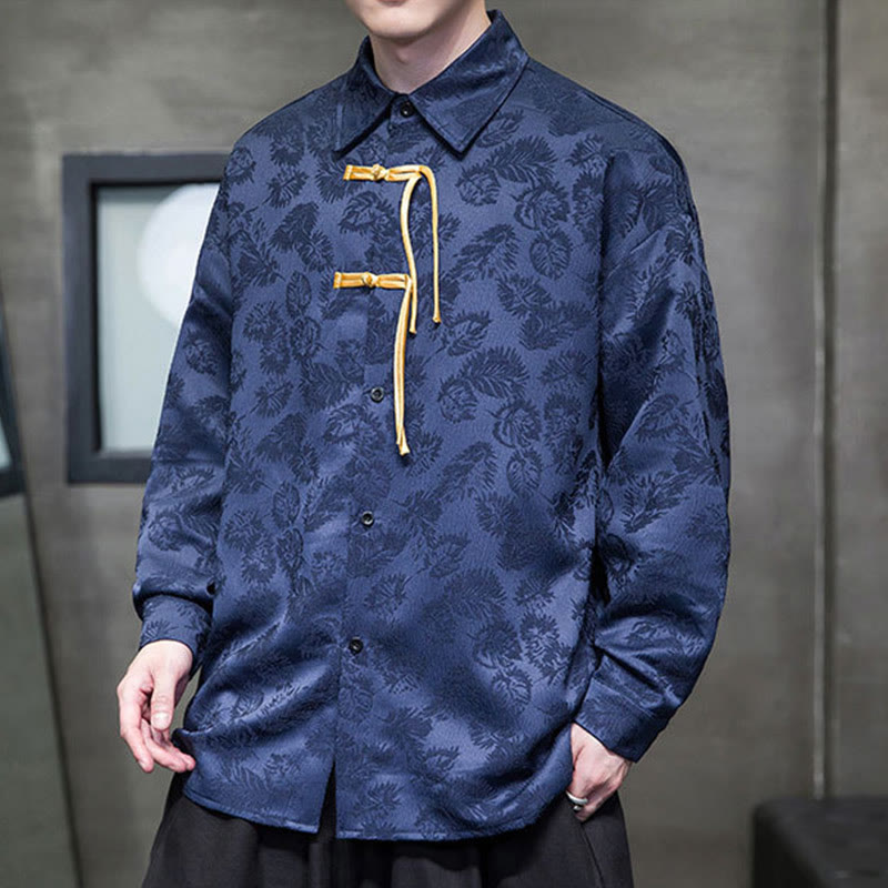 Buddha Stones Frog-Button Leaves Pattern Long Sleeve Men's Tang Suit Jacket - image 14