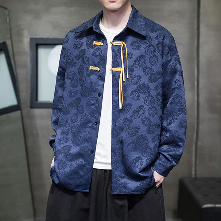 Buddha Stones Frog-Button Leaves Pattern Long Sleeve Men's Tang Suit Jacket - DarkBlue - US/UK/AU50，EU60 (5XL) - image 9