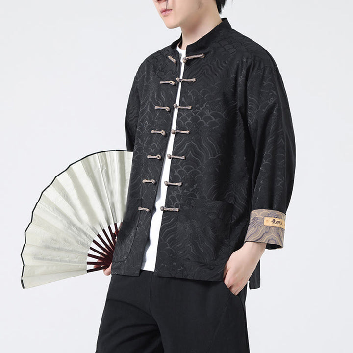 Buddha Stones Frog-Button Mountain Wave Pattern Long Sleeve Men's Cotton Jacket With Pockets - image 12