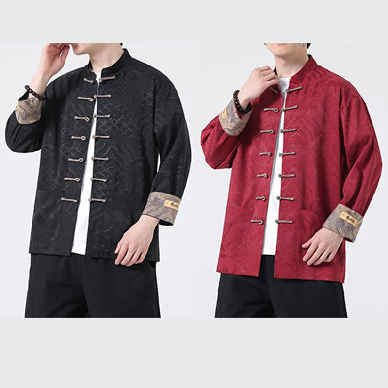 Buddha Stones Frog-Button Mountain Wave Pattern Long Sleeve Men's Cotton Jacket With Pockets - image 17