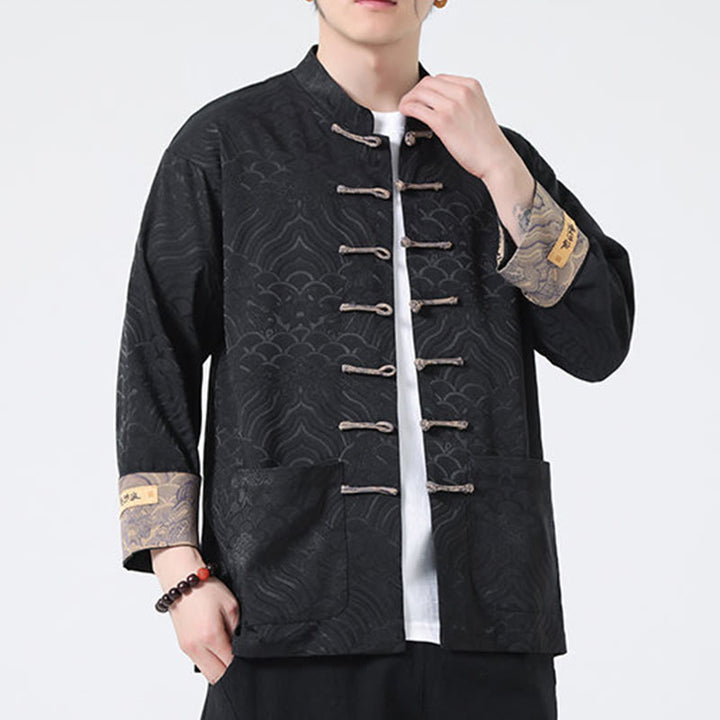 Buddha Stones Frog-Button Mountain Wave Pattern Long Sleeve Men's Cotton Jacket With Pockets - image 15