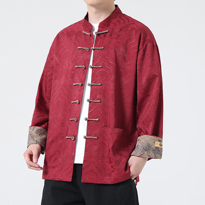 Buddha Stones Frog-Button Mountain Wave Pattern Long Sleeve Men's Cotton Jacket With Pockets - image 3