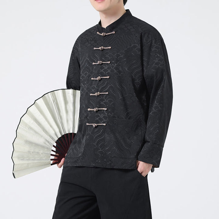 Buddha Stones Frog-Button Mountain Wave Pattern Long Sleeve Men's Cotton Jacket With Pockets - Black - US/UK/AU46，EU56 (5XL) - image 9