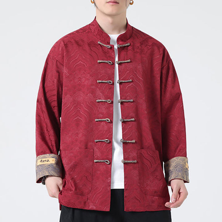Buddha Stones Frog-Button Mountain Wave Pattern Long Sleeve Men's Cotton Jacket With Pockets - image 4