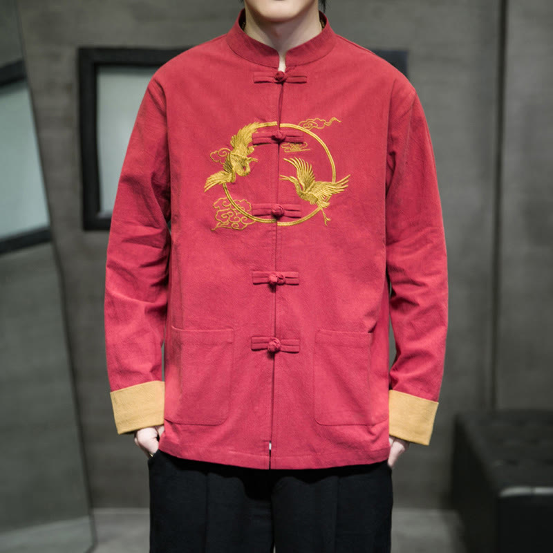 Buddha Stones Embroidery Cranes Pattern Frog-Button Men's Cotton Long Sleeve Jacket With Pockets - image 1