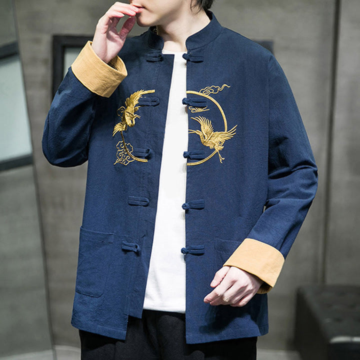 Buddha Stones Embroidery Cranes Pattern Frog-Button Men's Cotton Long Sleeve Jacket With Pockets - image 31