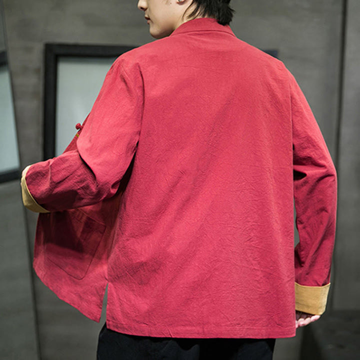 Buddha Stones Embroidery Cranes Pattern Frog-Button Men's Cotton Long Sleeve Jacket With Pockets - image 4