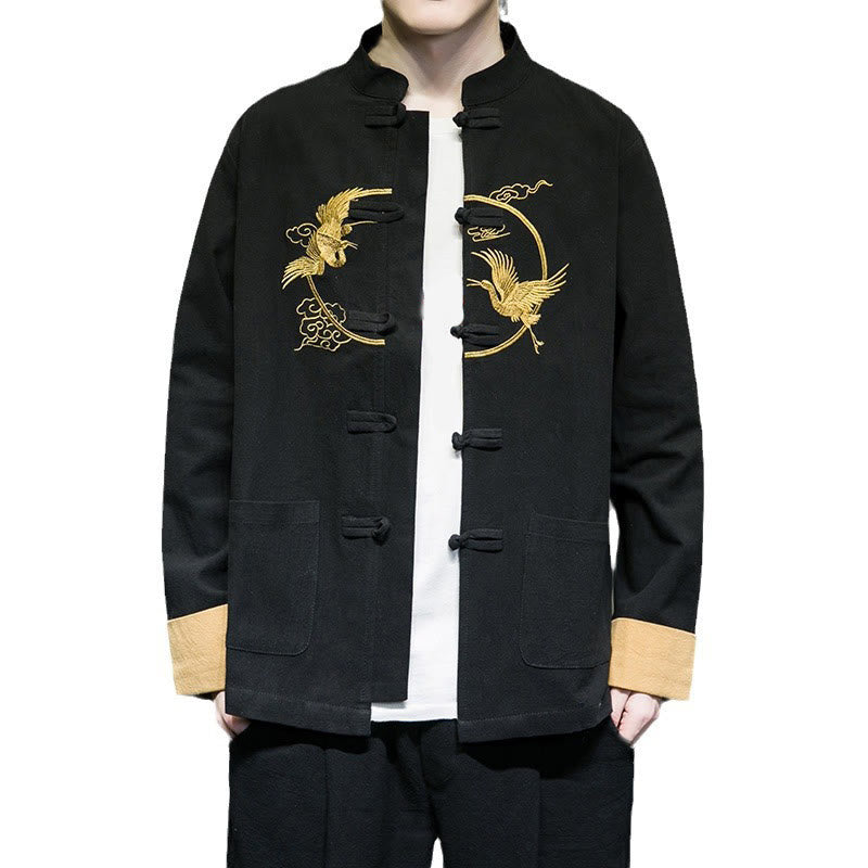 Buddha Stones Embroidery Cranes Pattern Frog-Button Men's Cotton Long Sleeve Jacket With Pockets - image 27