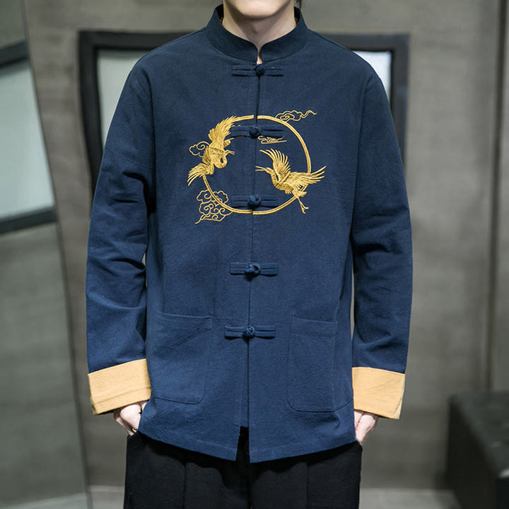 Buddha Stones Embroidery Cranes Pattern Frog-Button Men's Cotton Long Sleeve Jacket With Pockets - DarkBlue - US/UK/AU46，EU56 (5XL) - image 29