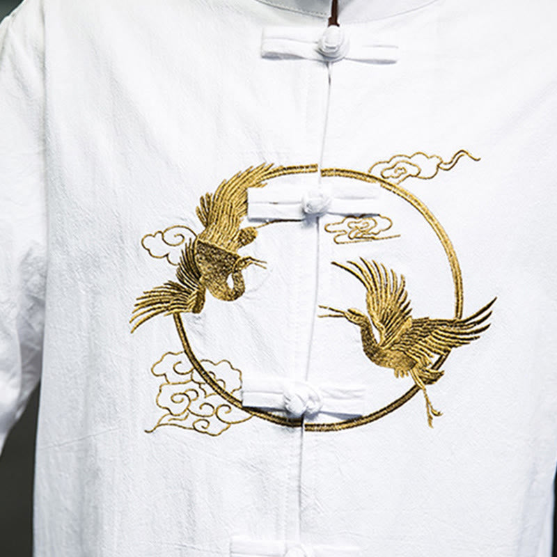 Buddha Stones Embroidery Cranes Pattern Frog-Button Men's Cotton Long Sleeve Jacket With Pockets - image 15