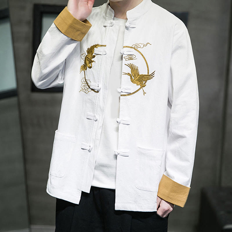 Buddha Stones Embroidery Cranes Pattern Frog-Button Men's Cotton Long Sleeve Jacket With Pockets - image 12