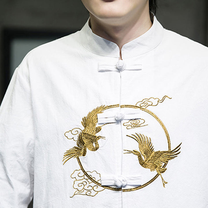 Buddha Stones Embroidery Cranes Pattern Frog-Button Men's Cotton Long Sleeve Jacket With Pockets - image 14