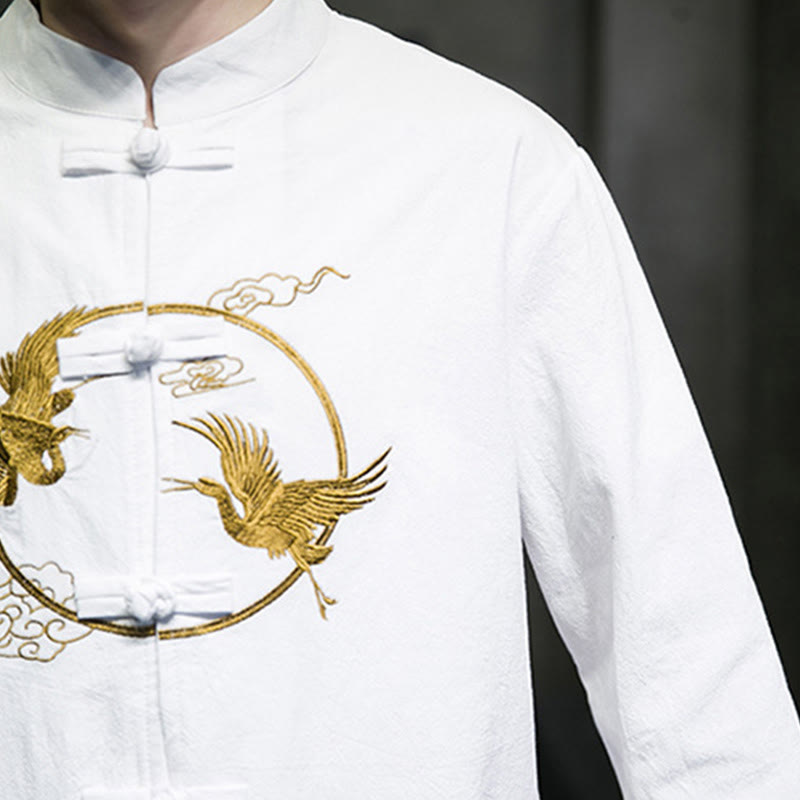 Buddha Stones Embroidery Cranes Pattern Frog-Button Men's Cotton Long Sleeve Jacket With Pockets - image 16