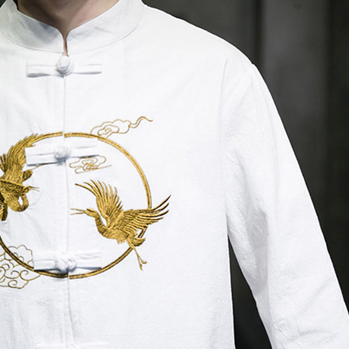 Buddha Stones Embroidery Cranes Pattern Frog-Button Men's Cotton Long Sleeve Jacket With Pockets - image 16