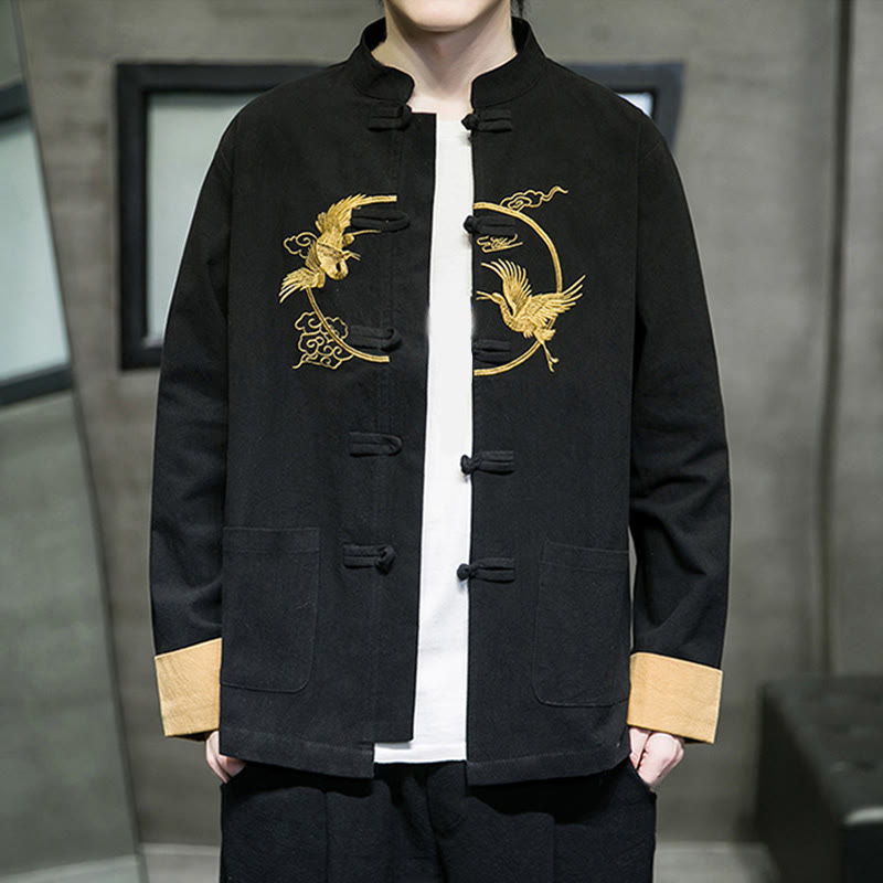 Buddha Stones Embroidery Cranes Pattern Frog-Button Men's Cotton Long Sleeve Jacket With Pockets - image 20