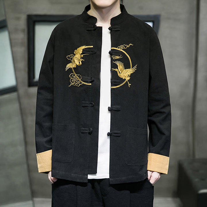 Buddha Stones Embroidery Cranes Pattern Frog-Button Men's Cotton Long Sleeve Jacket With Pockets - image 20