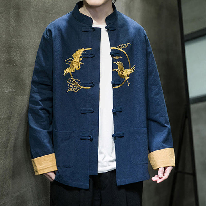 Buddha Stones Embroidery Cranes Pattern Frog-Button Men's Cotton Long Sleeve Jacket With Pockets - image 35